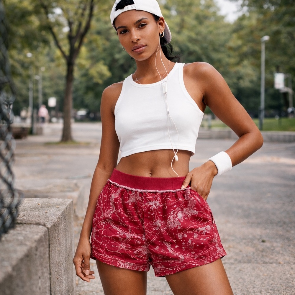 Anthropologie Daily Practice Topographic Print Drawstring Shorts in Red, Size S